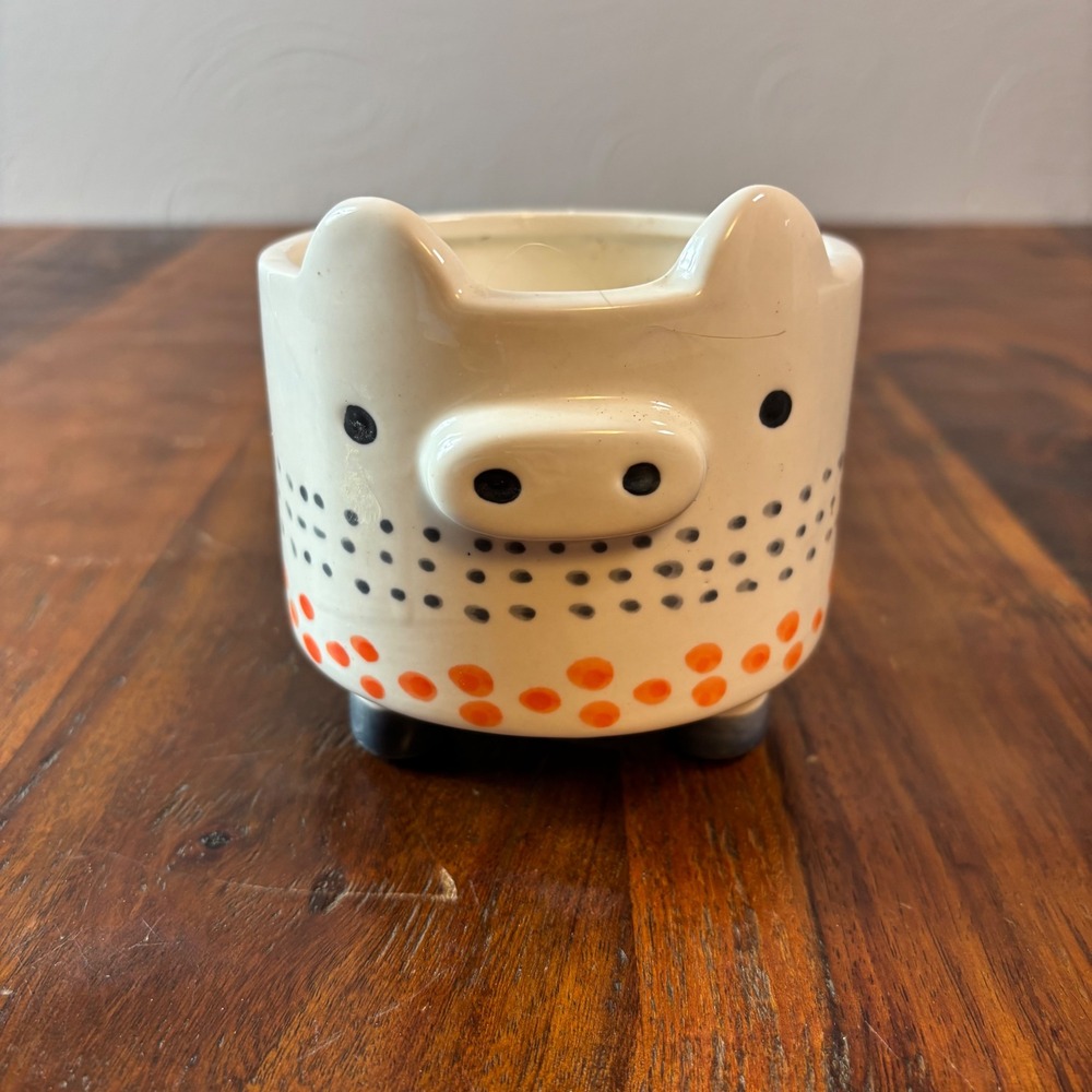 Three Hands Corp Ceramic Pig Planter White Orange Polka Dot Animal Pot 93084